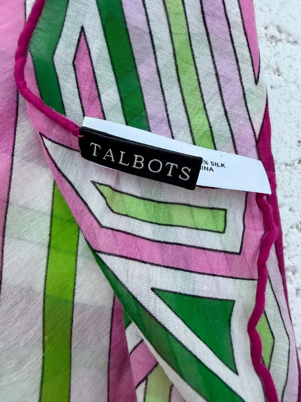Talbots Cotton Silk Scarf Pink Green Geometric Floral Lightweight Wrap